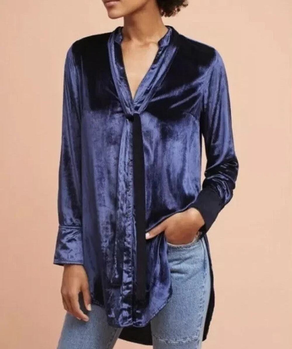 Anthropologie Maeve Tie Neck Crushed Velvet Tunic Blouse Navy Blue US 6